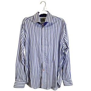 Thomas Dean Purple Shirt‎ Mens L Striped 100% Cotton Button Up Long Sleeve